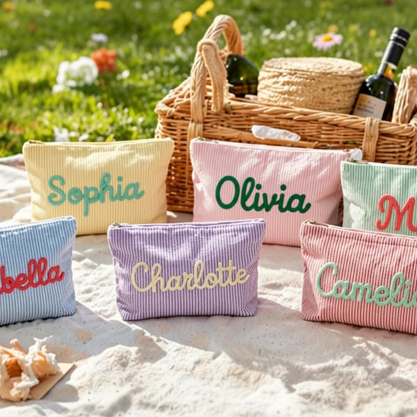 Personalized Seersucker Makeup Bag, Chenille Name Cosmetic Pouch, Travel Toiletry Bag, Gift for Her