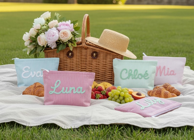 May include: A picnic scene with a wicker basket, straw hat, and several striped cosmetic bags with names embroidered on them. The bags are in various colors, including pink, blue, and mint green. Fresh fruit and croissants are also present.