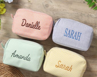 Custom Embroidered Seersucker Makeup Bag, Bridesmaid Gift