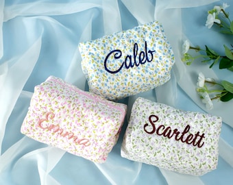 Personalized Floral Embroidered Makeup Bag: Custom Cosmetic Pouch