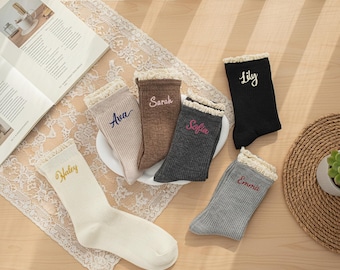 Custom Name Socks – Personalized Embroidered Cotton Socks, Thoughtful Gift for Her, Cozy & Elegant Lace
