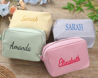 Embroidered Seersucker Makeup Bag: Personalized Travel Gift