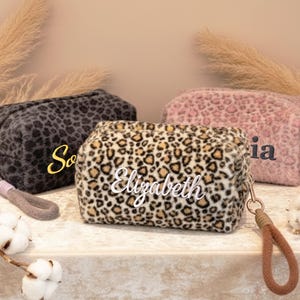 Personalized Leopard Print Makeup Bag | Custom Embroidered Name Cosmetic Pouch | Fuzzy Plush Toiletry Bag | Bridesmaid Gift