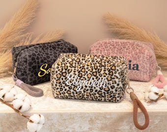 Personalized Leopard Print Plush Makeup Bag | Embroidered Cosmetic Pouch
