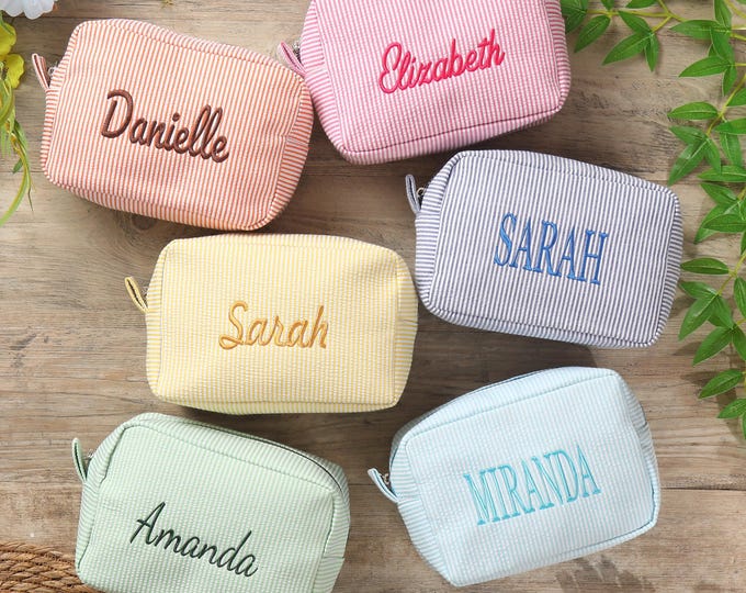 Embroidered Seersucker Makeup Bag, Custom Travel Cosmetic Bag