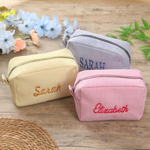 Personalized Seersucker Makeup Bag: Embroidered Cosmetic Travel Bag