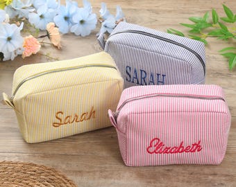 Personalized Seersucker Makeup Bag: Embroidered Cosmetic Travel Bag