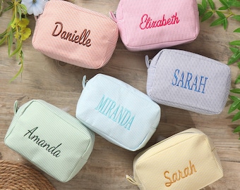 Personalized Embroidered Seersucker Makeup Bag, Bridesmaid Gift