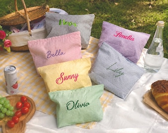 Custom Embroidered Cosmetic Pouch – Personalized Seersucker Makeup Bag
