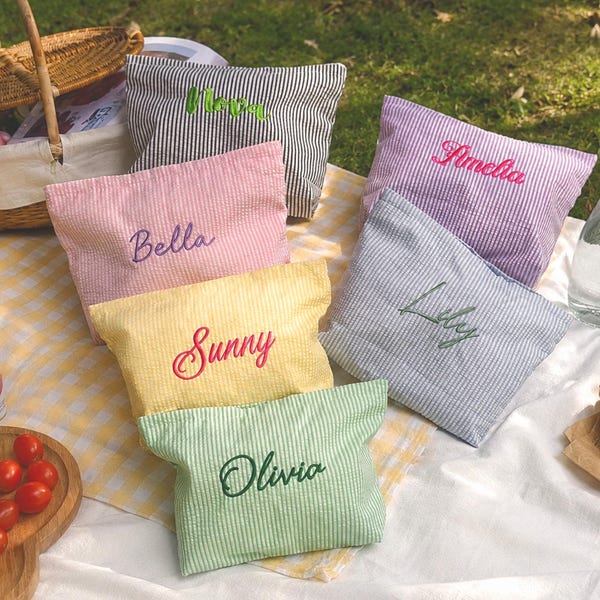 Custom Embroidered Cosmetic Pouch – Personalized Seersucker Makeup Bag