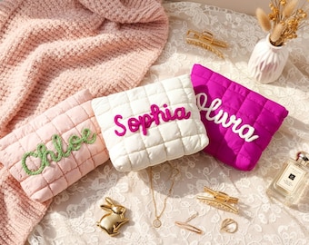 Personalized Puffer Makeup Bag, Quilted Cosmetic Pouch, Bridesmaid Travel Toiletry Bag