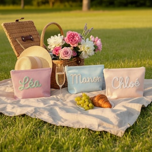 May include: A picnic scene with a wicker basket, flowers, and three personalized cosmetic bags. The bags are pink, blue, and peach, each with a name embroidered in a contrasting color. A straw hat, champagne flute, grapes, and a croissant complete the scene.