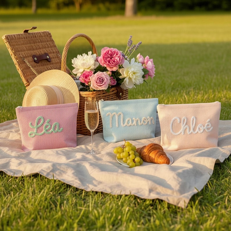 May include: A picnic scene with a wicker basket, flowers, and three personalized cosmetic bags. The bags are pink, blue, and peach, each with a name embroidered in a contrasting color. A straw hat, champagne flute, grapes, and a croissant complete the scene.