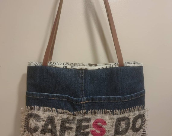 SPECIAL ORDER upcycled denim jeans bag with Coffee theme!  Great for market as this bag is insulated to keep your items cold or hot!