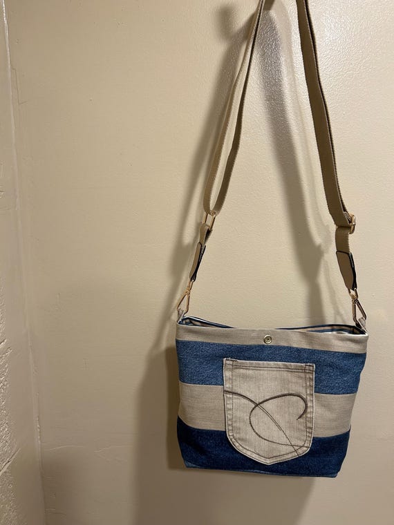 Upcycled denim striped bag