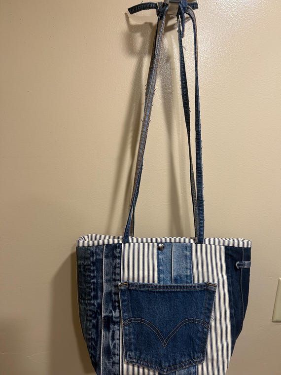 Denim upcycled striped bag