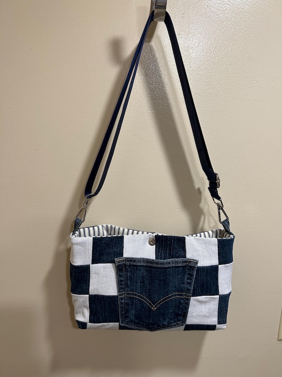 Denim upcycled checkered jeans bag