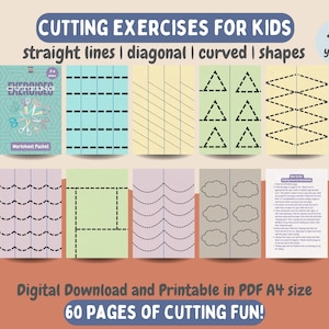May include: A printable worksheet packet for children aged 2-6 with 60 pages of cutting exercises. The packet includes various cutting practice pages with straight lines, diagonal lines, curved lines, and shapes. The pages are designed to help children develop their fine motor skills and hand-eye coordination.