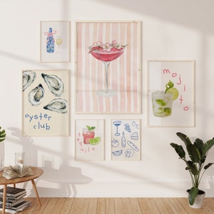Juego de 6 impresiones de carritos de bar, impresiones de martini, decoración de pared, decoración de cocina, decoración del hogar, impresión de cócteles, impresiones de tequila, decoración del hogar, impresión de ostras