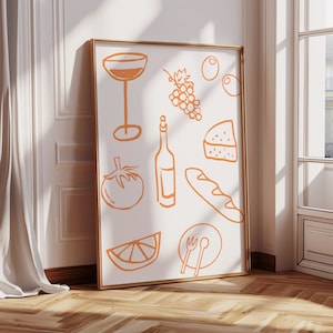 Dinner Party Print, Bar Car Print, Bar Cart Art, Kitchen Decor, Dorm Room Art,   Retro Print, Food and Drinks Illustrations Poster