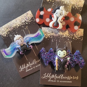 Disney Villains Cruella, Ursula And Maleficent Resin Hair Clips All 3