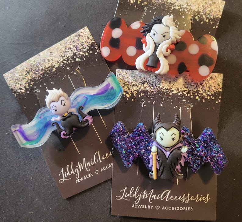 Disney Villains Cruella, Ursula And Maleficent Resin Hair Clips All 3