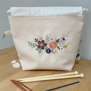 プロジェクトバッグ、編み物、かぎ針編みプロジェクトバッグ、花柄ミディアム巾着バッグ
