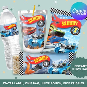 Stampabili modificabili per feste di auto da corsa, sacchetti di patatine da corsa, etichetta per acqua Capri Sun Rice Krispies, stampabili per compleanni di corse automobilistiche, modello Canva