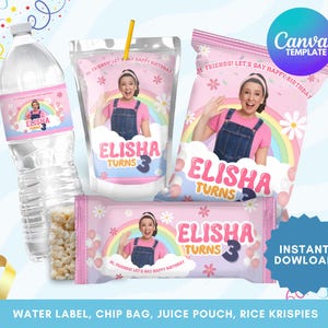 Edytowalne wydruki upominków na przyjęcie Ms Rachel, torebki z chipsami Ms Rachel, chrupki ryżowe, etykieta na butelkę wody, etykieta na saszetkę soku, wydrukowana etykieta Ms Rachel