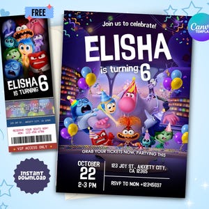 Bearbeitbare Inside Out 2 Geburtstagseinladung, anpassbare Inside Out Joy Invitaton, Inside Out 2 Ticket-Einladung, Canva-Vorlage