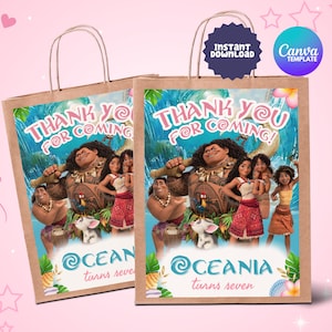 Etichette modificabili per sacchetti festa Moana 2, etichette di ringraziamento per sacchetti bomboniere Moana 2, etichette per sacchetti dolcetti Moana 2, stampe per feste Moana 2, Canva