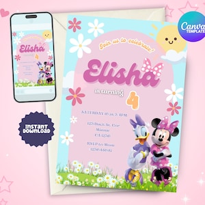 Invito di compleanno modificabile di Minnie e Daisy, invito di Minnie Mouse, invito di Daisy, invito stampabile di Minnie Daisy, Canva
