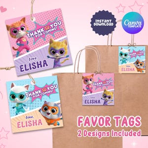 Etichette modificabili per sacchetti di bomboniere Super Kitties, etichette per sacchetti regalo Super Kitties, etichette stampabili per sacchetti di bomboniere Kitties, Canva
