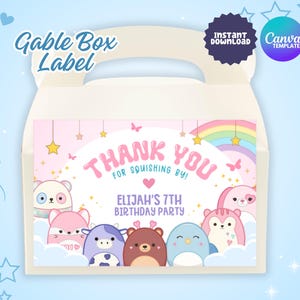 Edytowalna etykieta na pudełko Squishmallow Gable, etykiety na torby upominkowe Squishmallow, drukowana etykieta na pudełko Gable, urodziny Squish