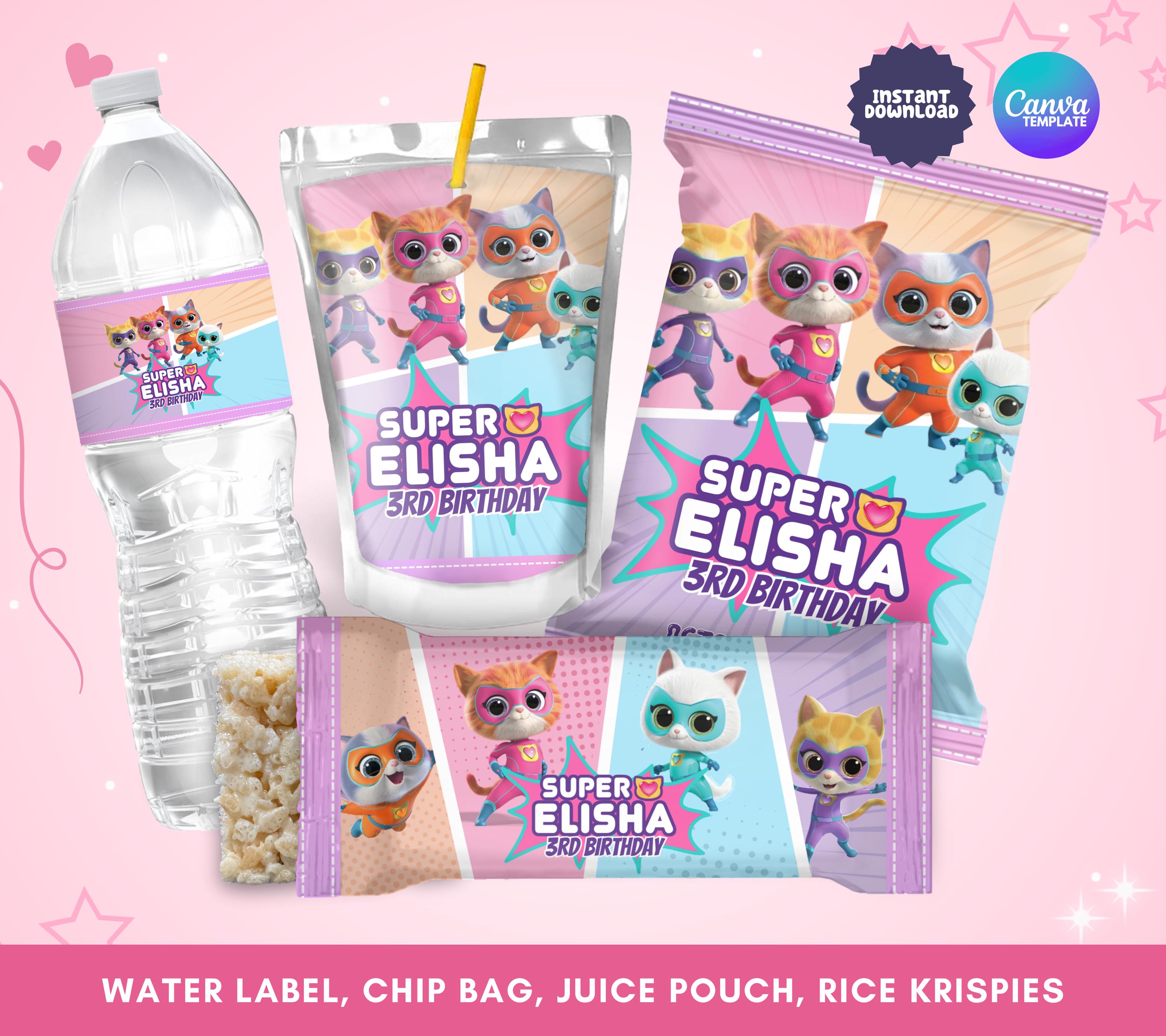 Editable Super Kitties Party Printables, Super Kitties Chip Bags, Rice Krisp, Water Label, Juice Pouch, Super Kitties Party Favor Label