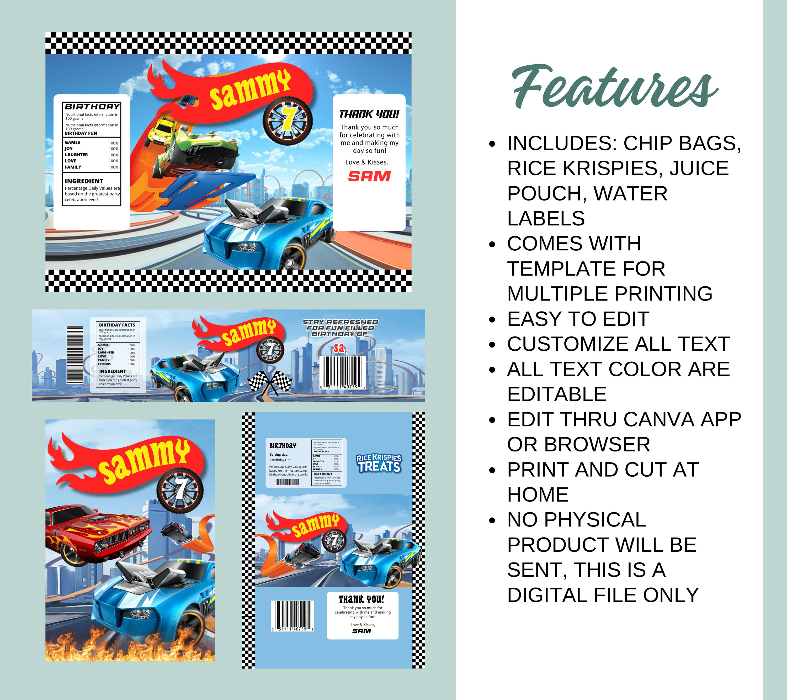 Editable Race Car Party Printables, Racing Chip Bags Rice Krispies ...