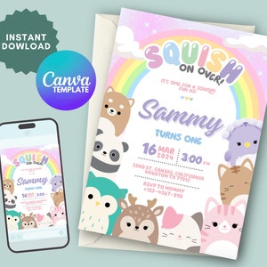 Invito di compleanno modificabile a tema Squishmallow, invito a tema Squishmallow, stampabile per la festa di compleanno di Squishmallow, digitale, modello Canva