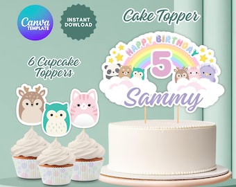 Editable Squishmallow Cake Topper, Squishmallow Cupcake Topper, Squishmallow Party Printables, Squish Party, Canva Template