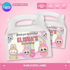 Edibale Labubu Gable Box Label, Labubu Party Favor Box Label, Labubu Party Favor, Afdrukbaar Labubu Party Afdrukbaar
