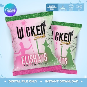 Wydrukowane torby na chipsy Wicked, torba na upominki na imprezę Wicked, wydruki na imprezę urodzinową Wicked, wydrukowana torba na prezenty Wicked, torba na upominki Wicked