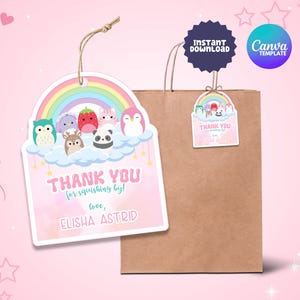 Edytowalne etykiety z podziękowaniami Squishmallow, etykiety na upominki Squishy Favor, drukowane etykiety na upominki Squishmallow, etykiety z podziękowaniami na torby upominkowe