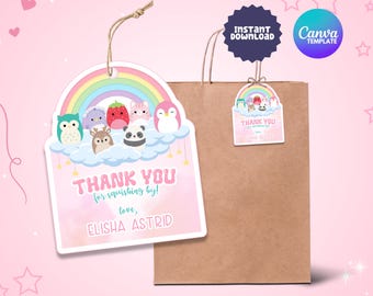 Editable Squishmallow Thank you Tags, Squishy Favor Gift Tags Labels, Printable Squishmallow Gift Favor Tags, Favor Bag Thank you Labels