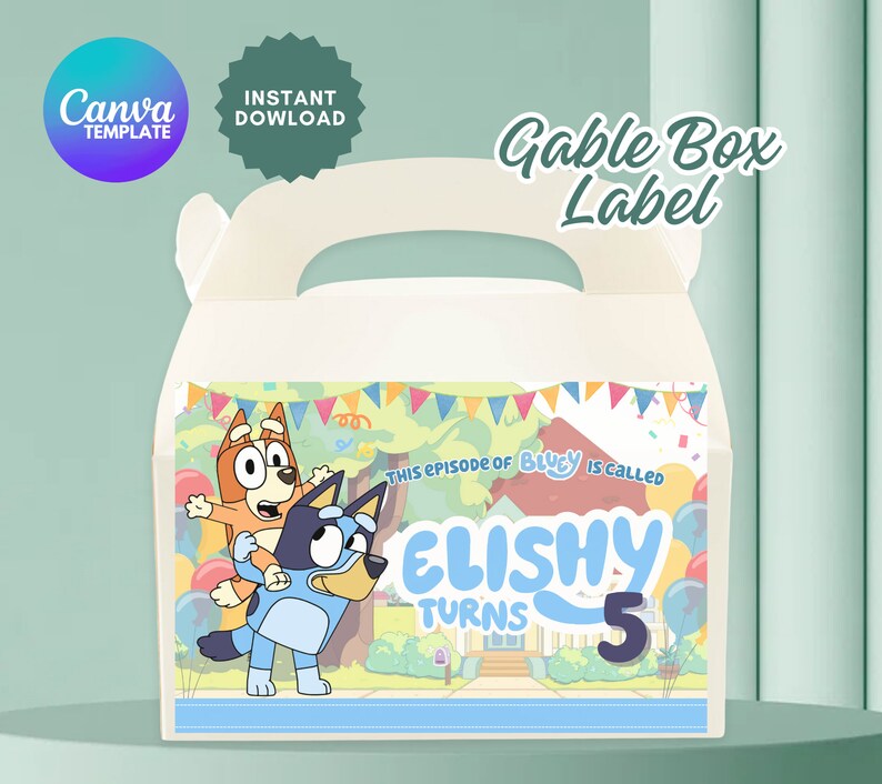 Editable Blue Dog Gable Box Label, Bluey Birthday Printables, Blue ...