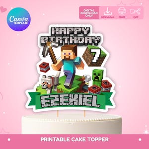 Editable Minecrafter Birthday Cake Topper, Minecrafter Cake Decor, Minecrafter Party Printables, Minecrafter Cake Topper, Canva
