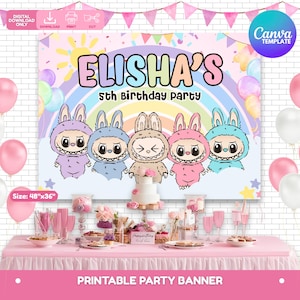Editable Labubu Party Banner, Labubu Banner Decoration, Labubu Printable Backdrop, Canva Template