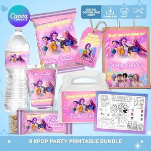Bewerkbare Kpop Demon Hunters Party afdrukbare bundels, afdrukbare feestbundels partijgunst, zakjes chips, geveldoos, tags, labels