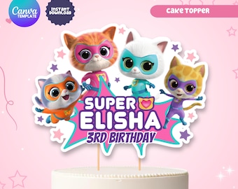 Editable Super Kitties Cake Topper Printable, Super Kitties Birthday Printables, Cake Topper, Canva Template