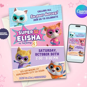 Editable Super Kitties Invitation, Kitten Girls Editable Birthday Invitation, Superhero Cats Printable Invites, Super Kitties Digital Invite