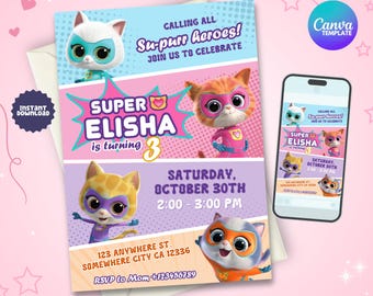 Editable Super Kitties Invitation, Kitten Girls Editable Birthday Invitation, Superhero Cats Printable Invites, Super Kitties Digital Invite