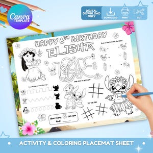 Editable Stitch Birthday Activity Placemat, Lilo and Stitch Birthday Coloring Placemat, Stitch Coloring Page